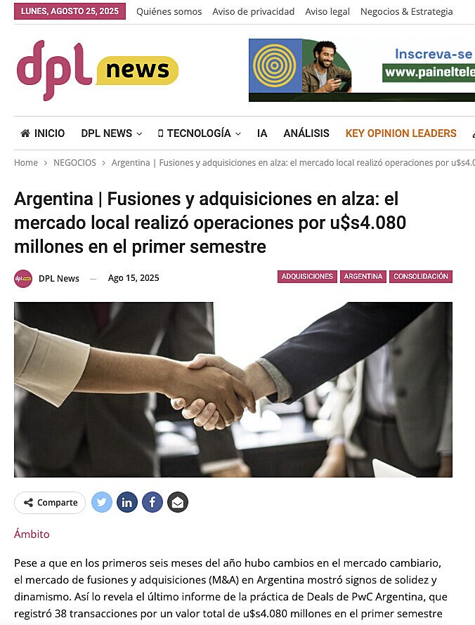 Argentina | Fusiones y adquisiciones en alza: el mercado local realiz operaciones por u$s4.080 millones en el primer semestre